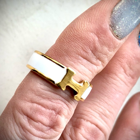 Hermes ring in white enamel / gold - Picture 3 of 6